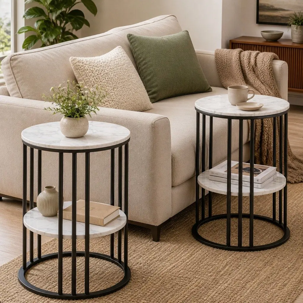 Set of 2 Round Side Tables with Marble Effect