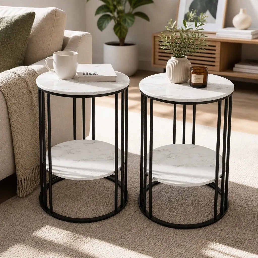Round Side Tables MDF Metal 2 Piece 2-Tier Coffee Table Marble Effect Beige
