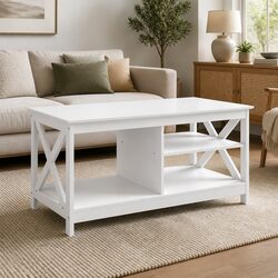 Modern White 3-Tier Coffee Table with Open Shelves