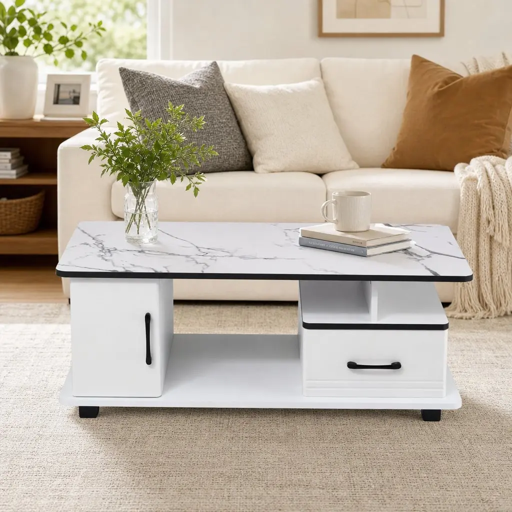 Coffee Table Marble Top E1 MDF 100cm x 48cm x 41cm White with Black Accents