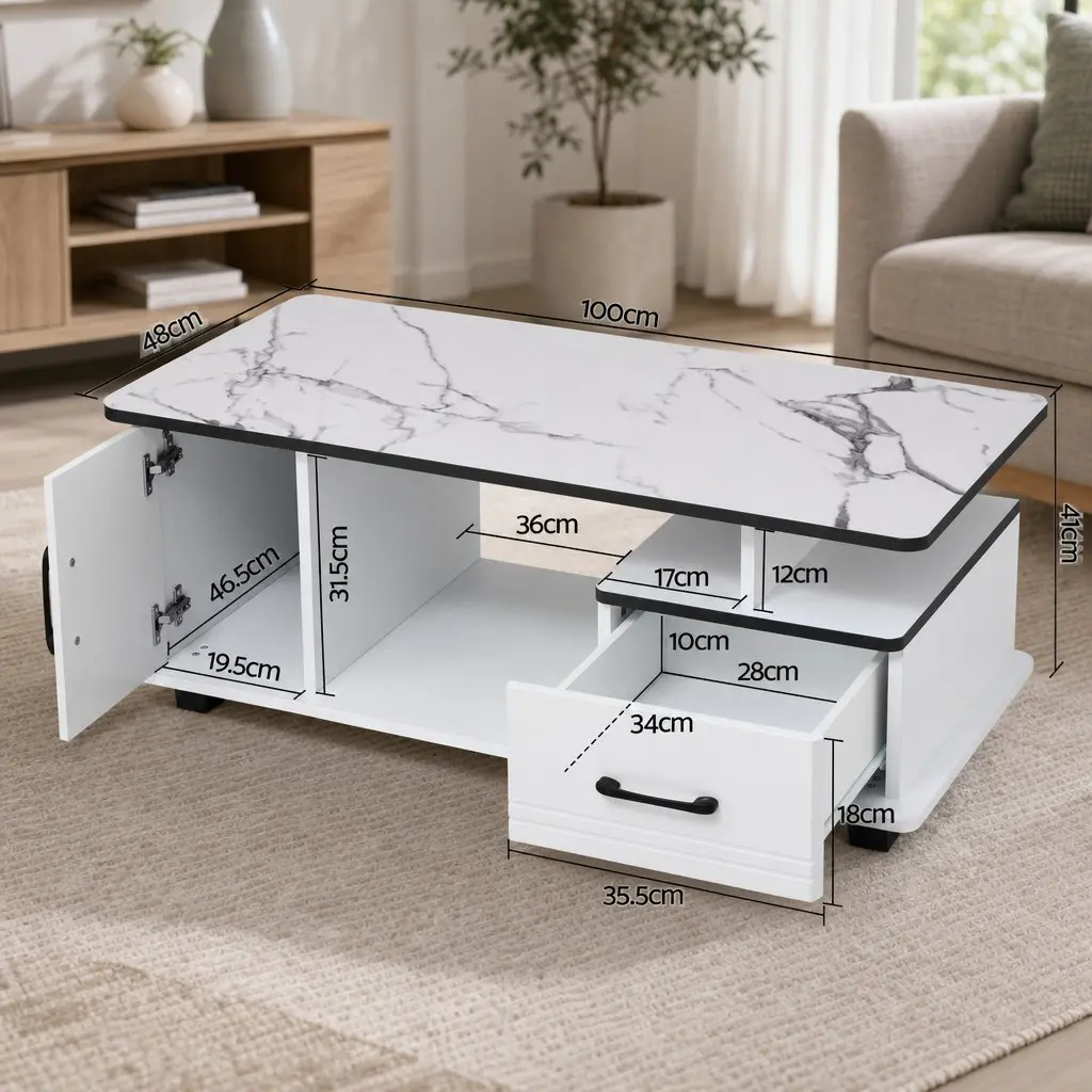 Coffee Table Marble Top E1 MDF 100cm x 48cm x 41cm White with Black Accents