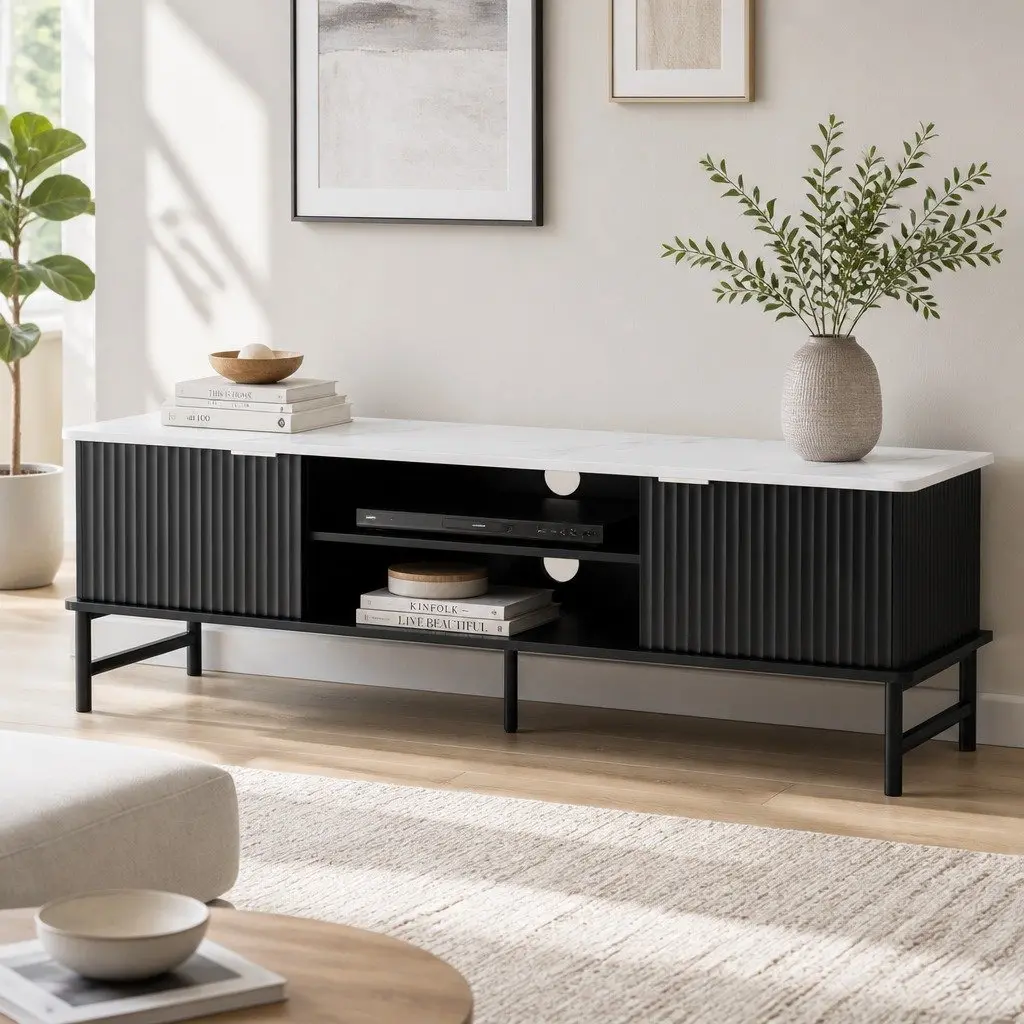 TV Unit E1 Particle Board MDF Metal 140cm Black Marble-Effect