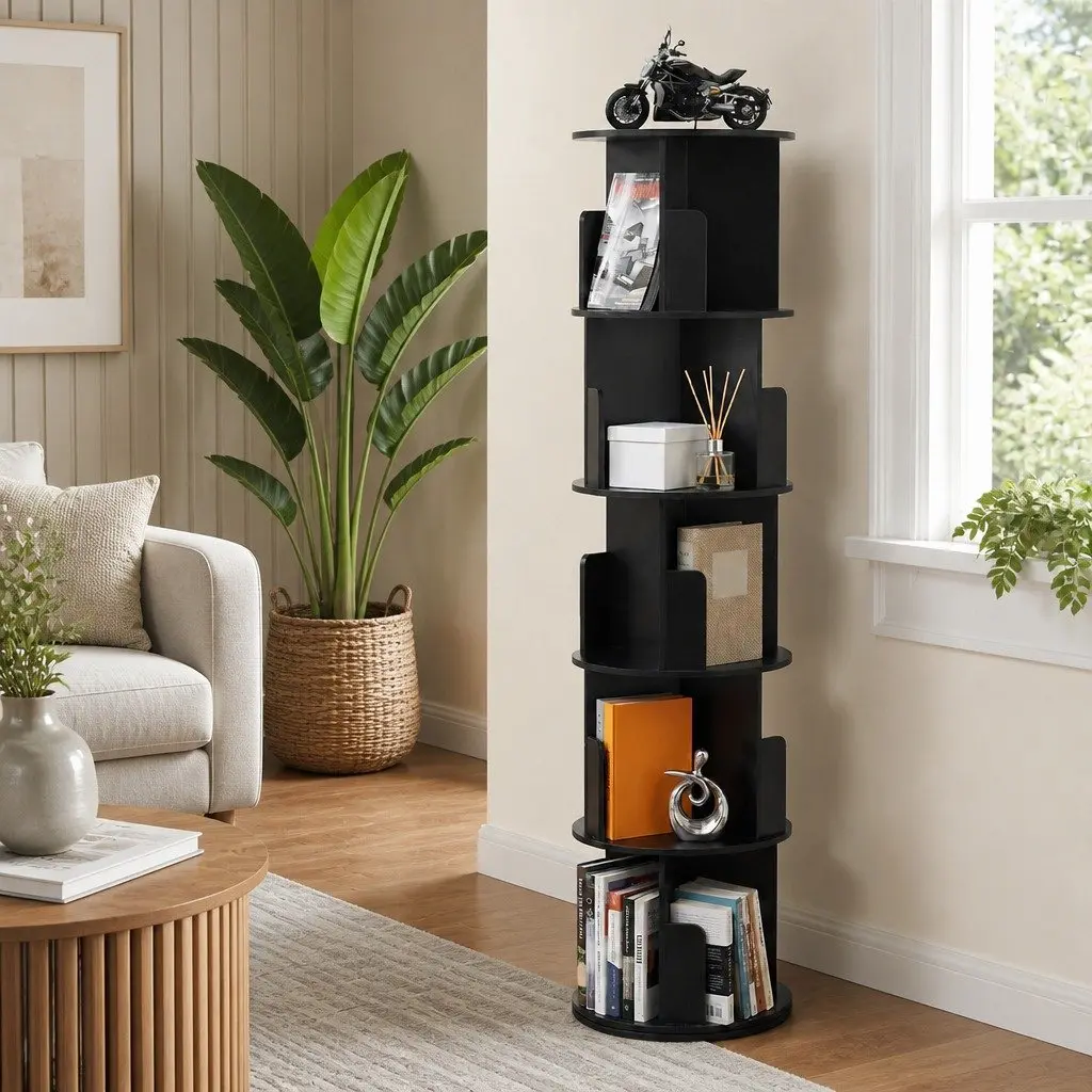 5 Tier Rotating Bookshelf with 360-Degree Swivel Black