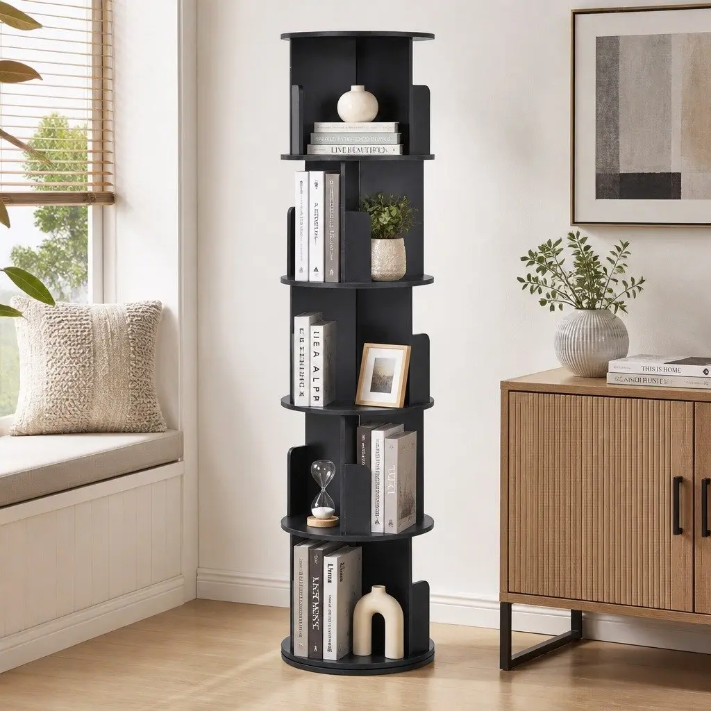 Rotating Bookshelf Particle Board 5 Tier Swivel Display Stand Storage Shelves Black