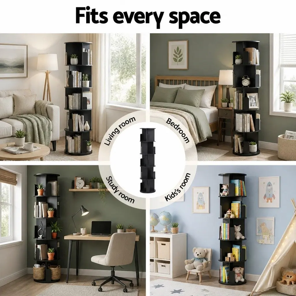 Rotating Bookshelf Particle Board 5 Tier Swivel Display Stand Storage Shelves Black