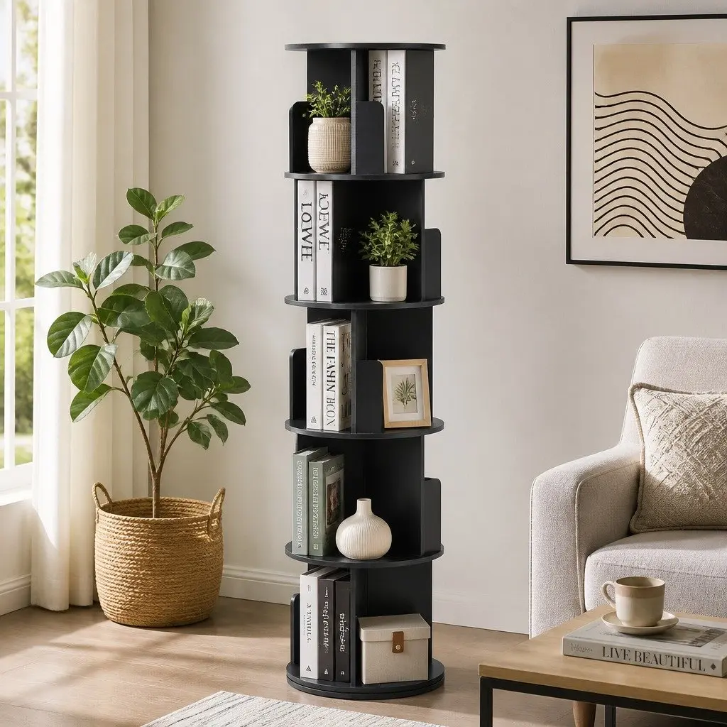 Rotating Bookshelf Particle Board 5 Tier Swivel Display Stand Storage Shelves Black