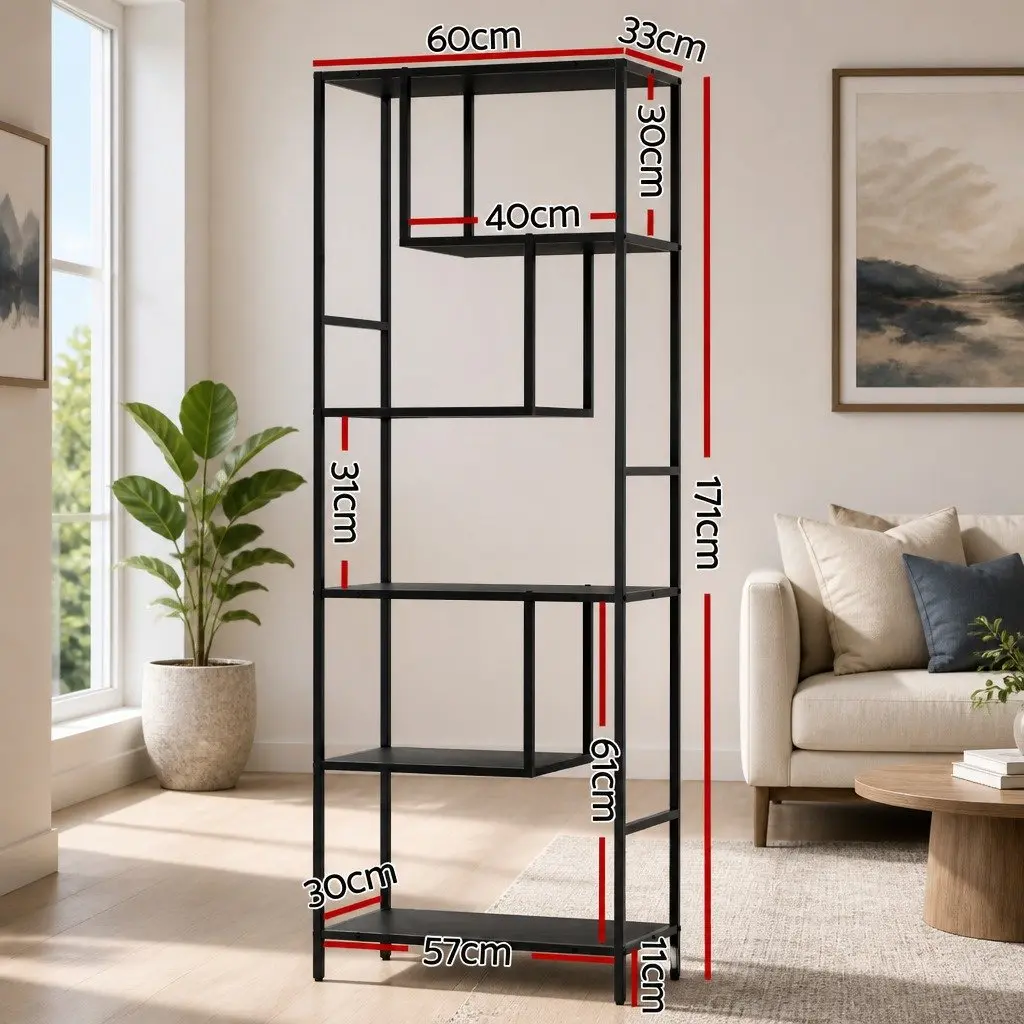 Industrial 5-Tier Black Storage Bookcase for Home
