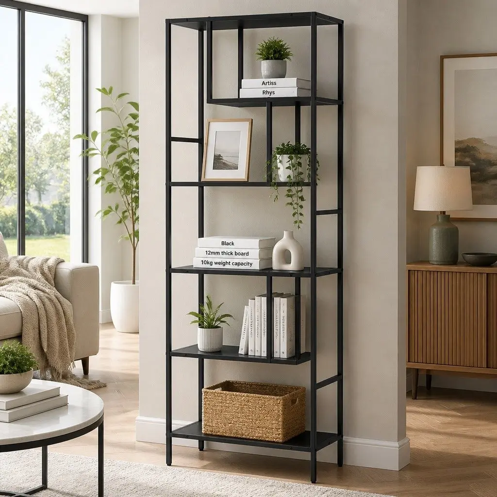 Industrial 5-Tier Black Storage Bookcase for Home