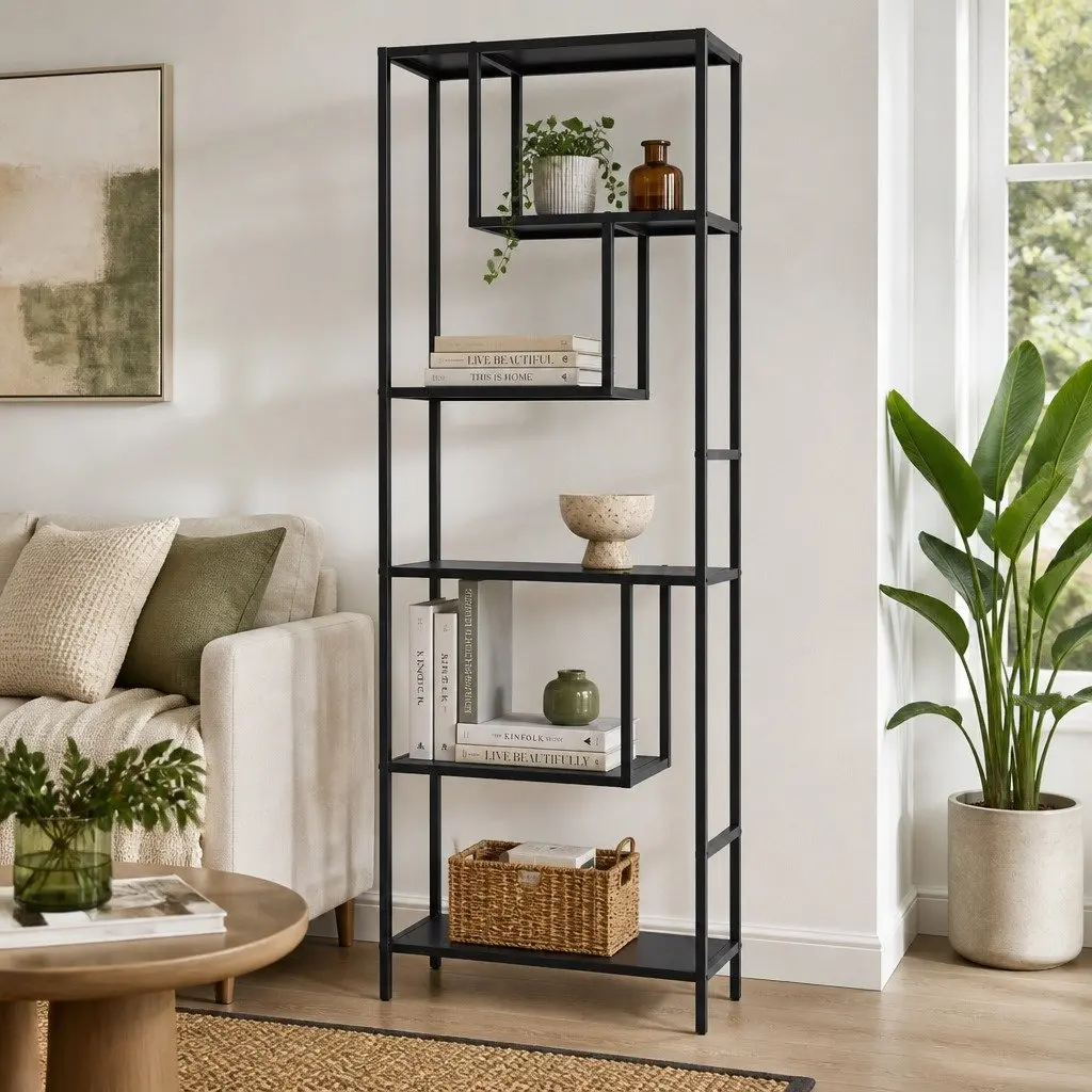 Industrial 5-Tier Black Storage Bookcase for Home