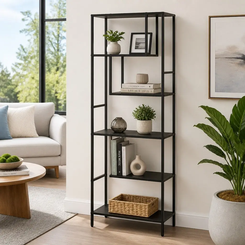 Industrial 5-Tier Black Storage Bookcase for Home