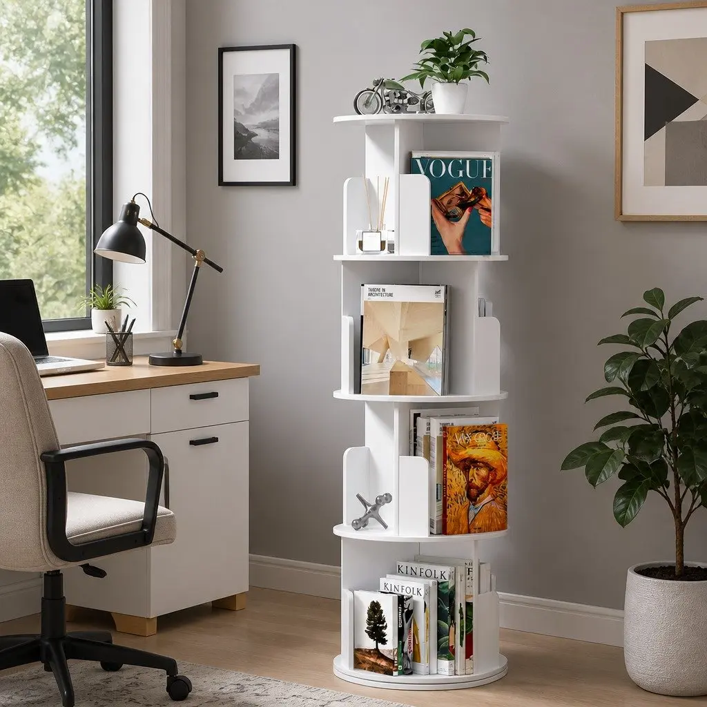 4 Tier Rotating Display Shelf White Bookcase