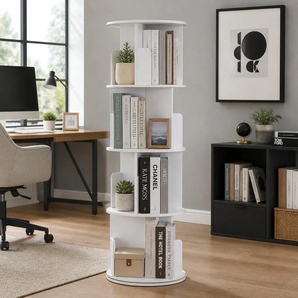 4 Tier Rotating Display Shelf White Bookcase
