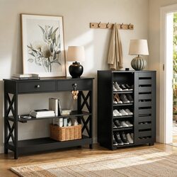 Stylish Black Shoe Rack Cabinet and Console Table Set