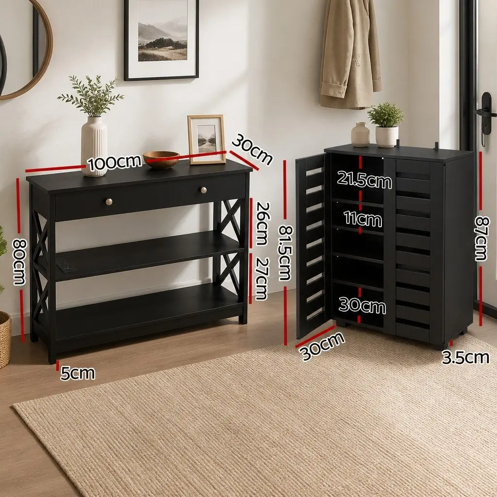 Shoe Storage Cabinet Console Table Set Black 2 Piece Melamine 60cm W x 33cm D x 86cm H 100cm W x 30cm D x 80cm H
