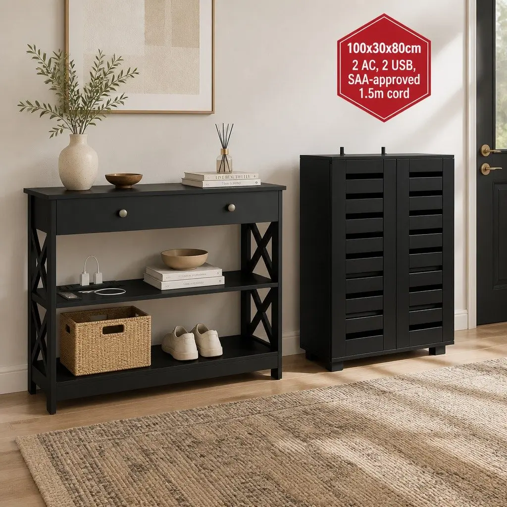 Shoe Storage Cabinet Console Table Set Black 2 Piece Melamine 60cm W x 33cm D x 86cm H 100cm W x 30cm D x 80cm H