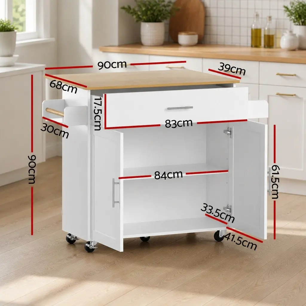 Kitchen Island Trolley MDF 90cm White Foldable Drop Leaf