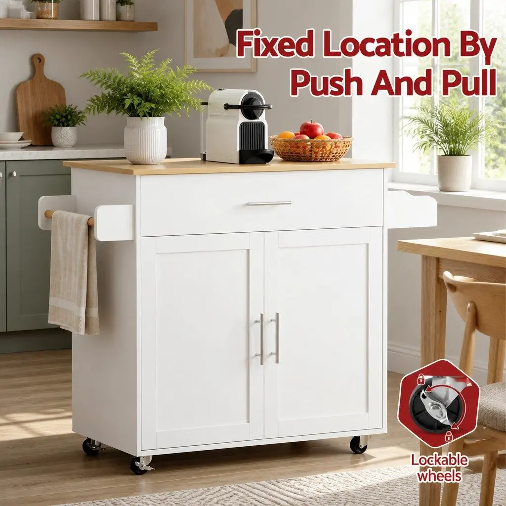 Kitchen Island Trolley MDF 90cm White Foldable Drop Leaf