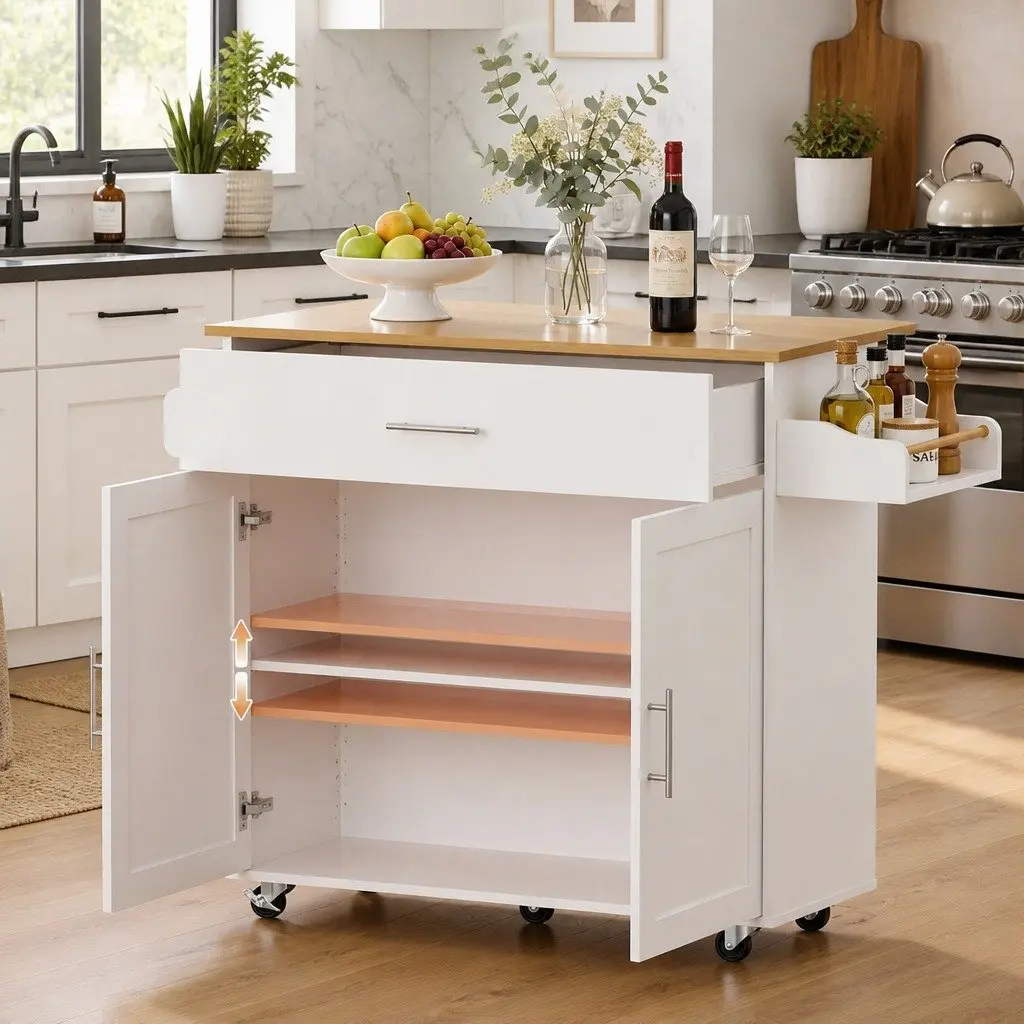 Kitchen Island Trolley MDF 90cm White Foldable Drop Leaf