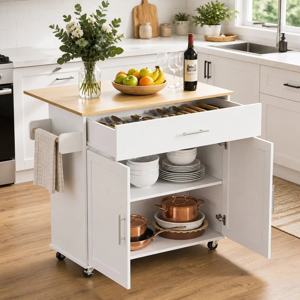Kitchen Island Trolley MDF 90cm White Foldable Drop Leaf