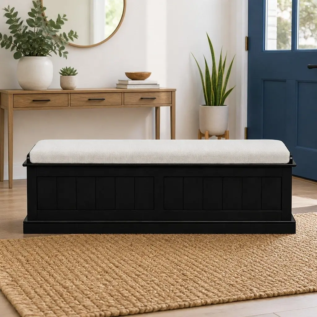 Storage Ottoman Faux Linen 140cm Black Hinged Lid Seat Footstool