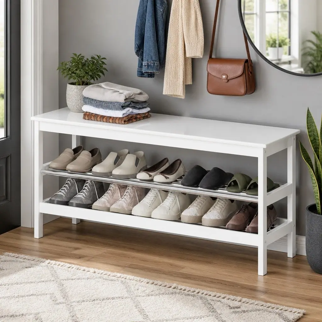 2-Tier Shoe Storage Bench Bamboo Frame White Organiser Cabinet 10 Pairs