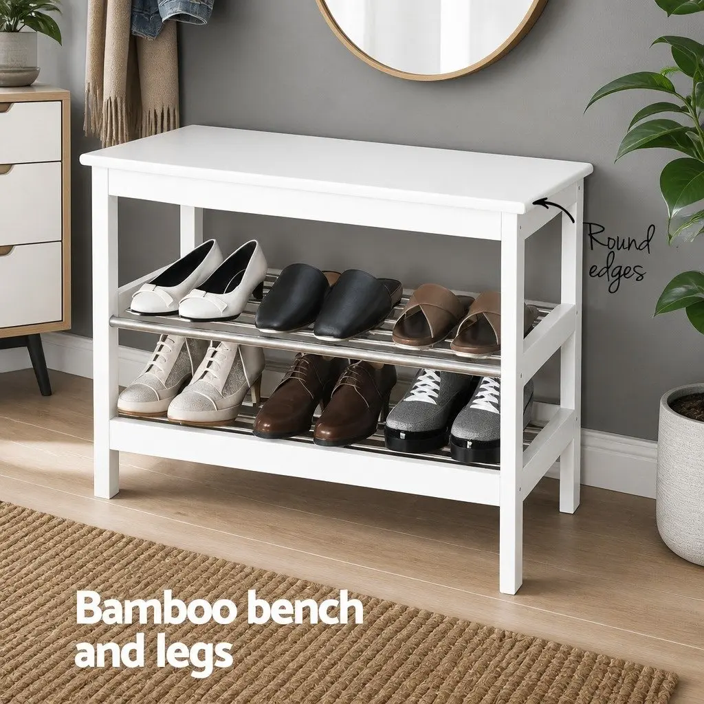 2-Tier Shoe Storage Bench Bamboo Frame White Organiser Cabinet 10 Pairs