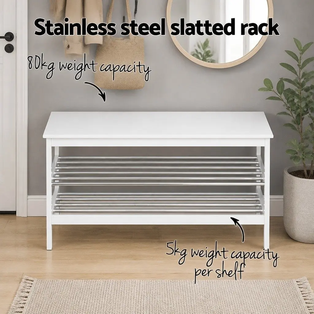2-Tier Shoe Storage Bench Bamboo Frame White Organiser Cabinet 10 Pairs
