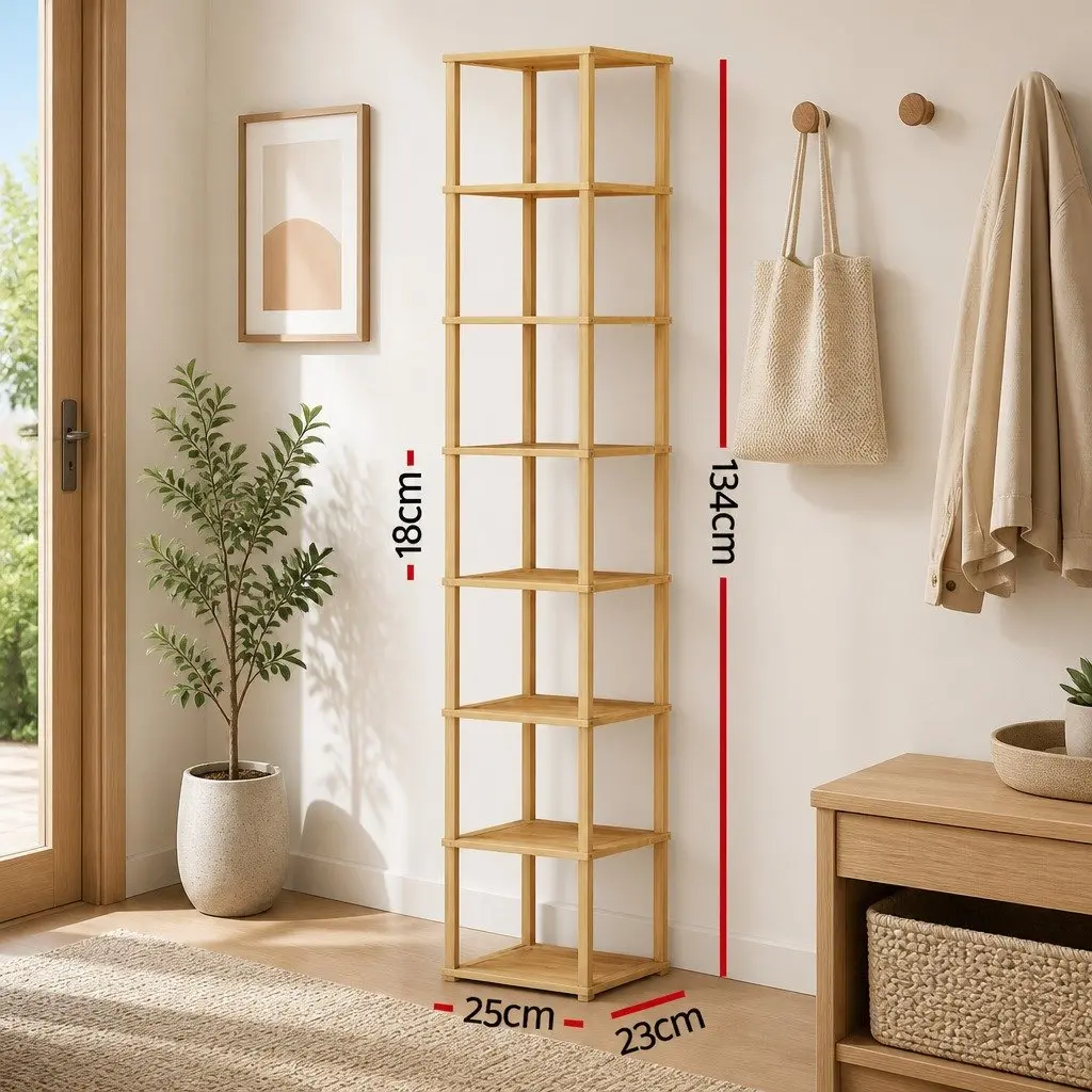 Shoe Rack Bamboo Frame MDF Shelves 8 Tier Pine