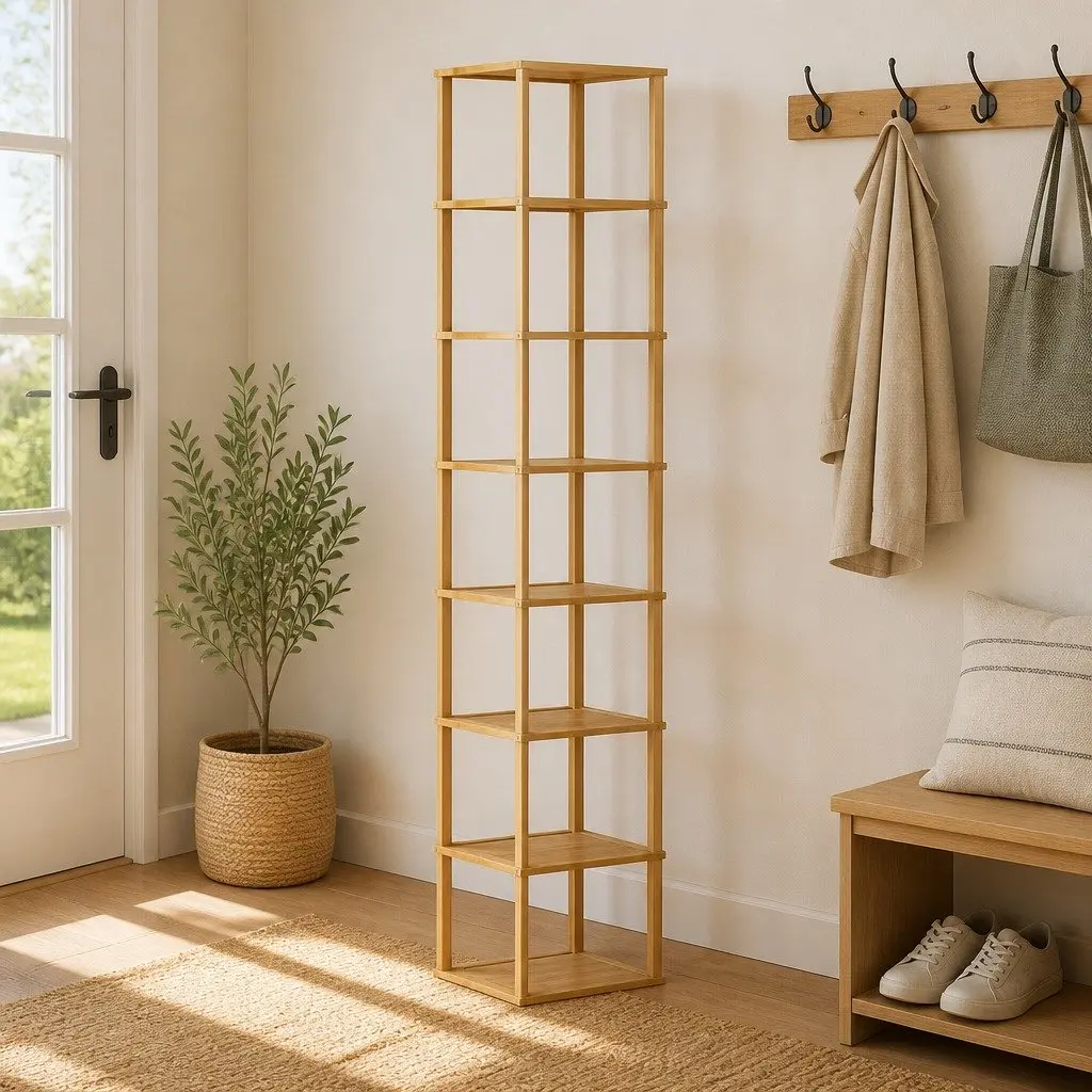 Shoe Rack Bamboo Frame MDF Shelves 8 Tier Pine