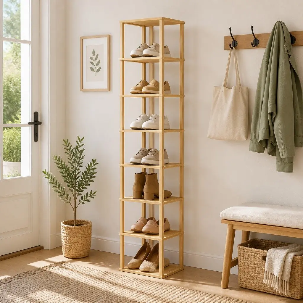 Shoe Rack Bamboo Frame MDF Shelves 8 Tier Pine