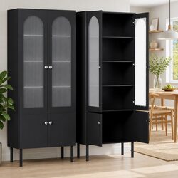 2x Buffet Sideboard Cabinet 5-Tier Storage Cupboard Fluted Door Pantry Black