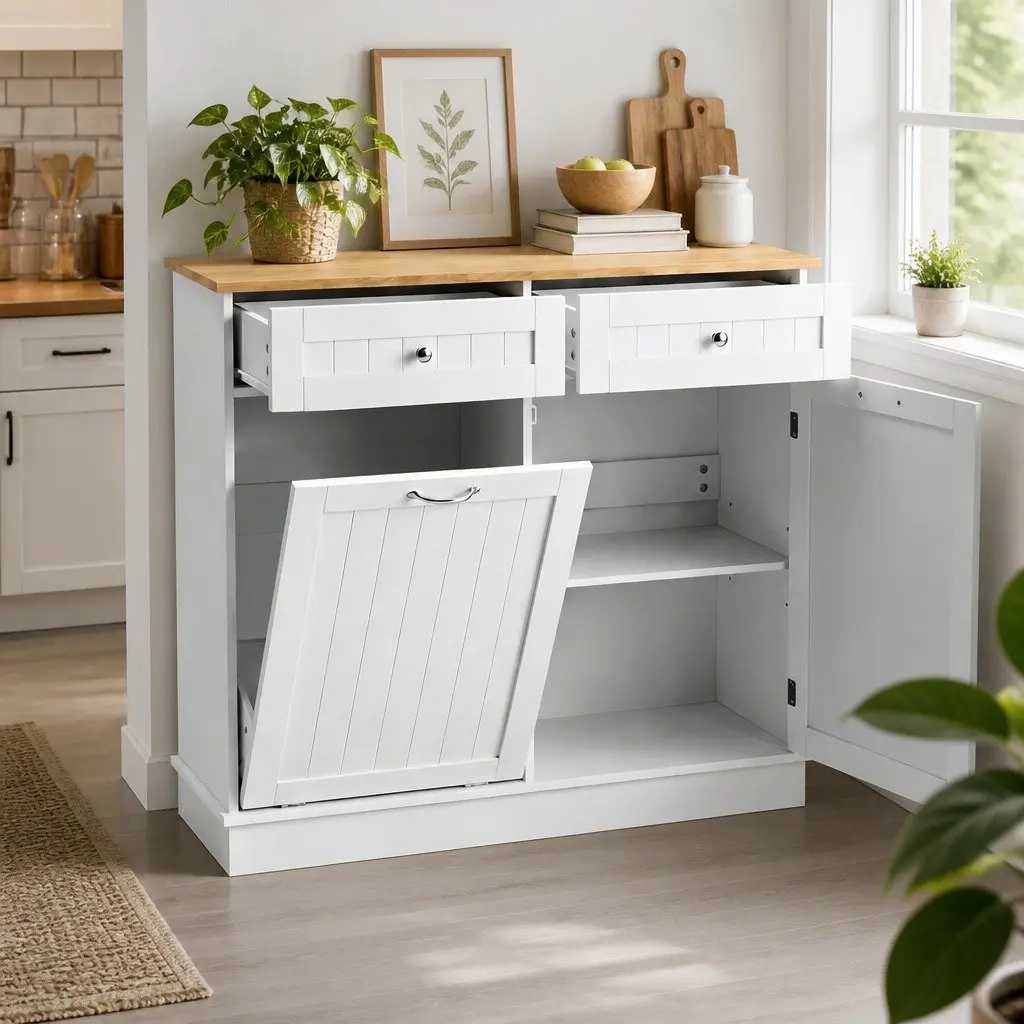 White Buffet Sideboard with Tilt-Out Bin Holder