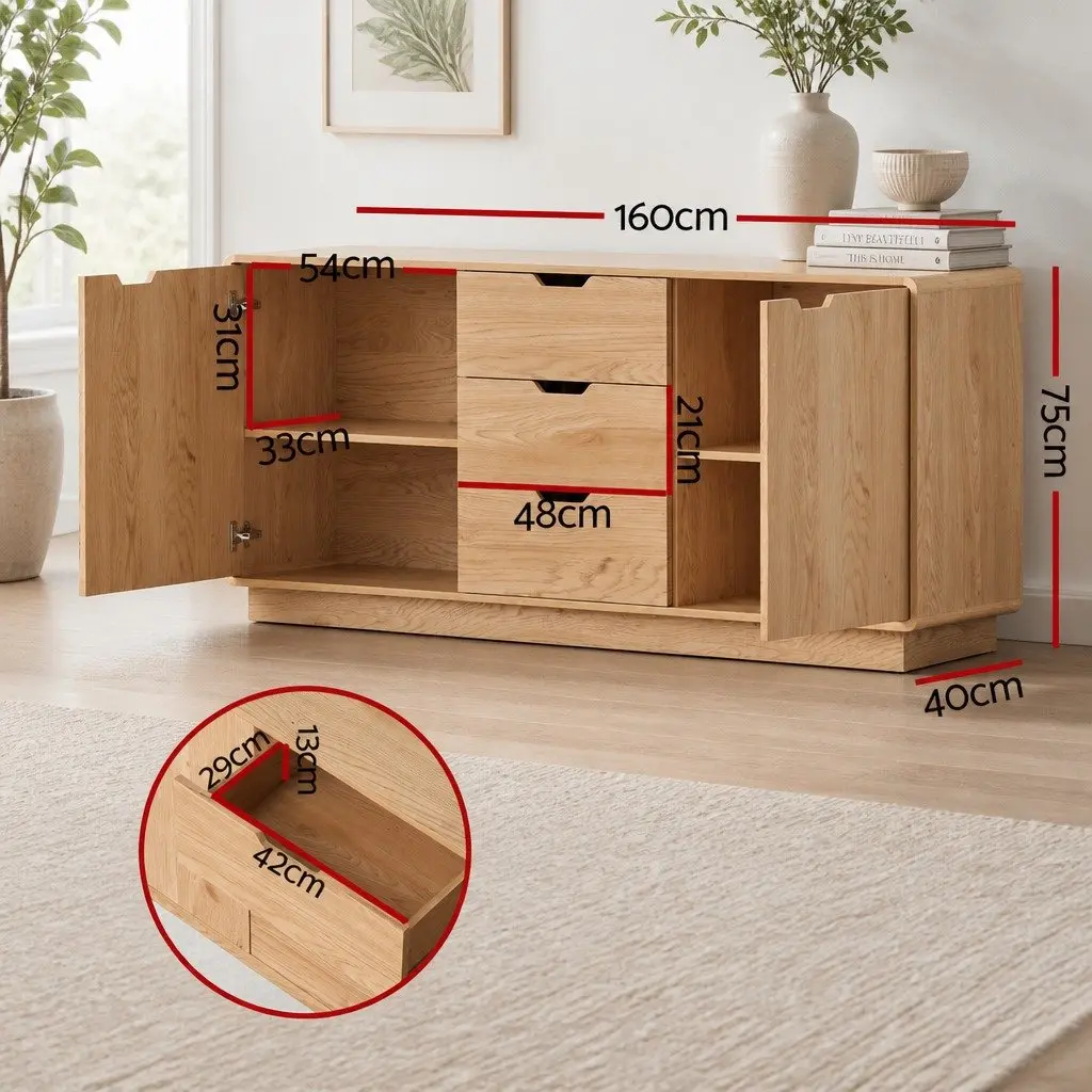 Buffet Sideboard Cabinet Particle Board MDF Oak 160cm x 40cm x 75cm