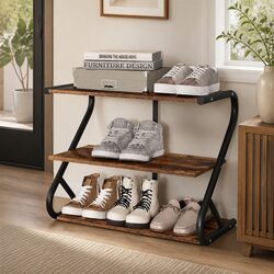 Shoe Rack Cabinet 3 Tier Storage Stand Organizer Walnut Open Shelving Design