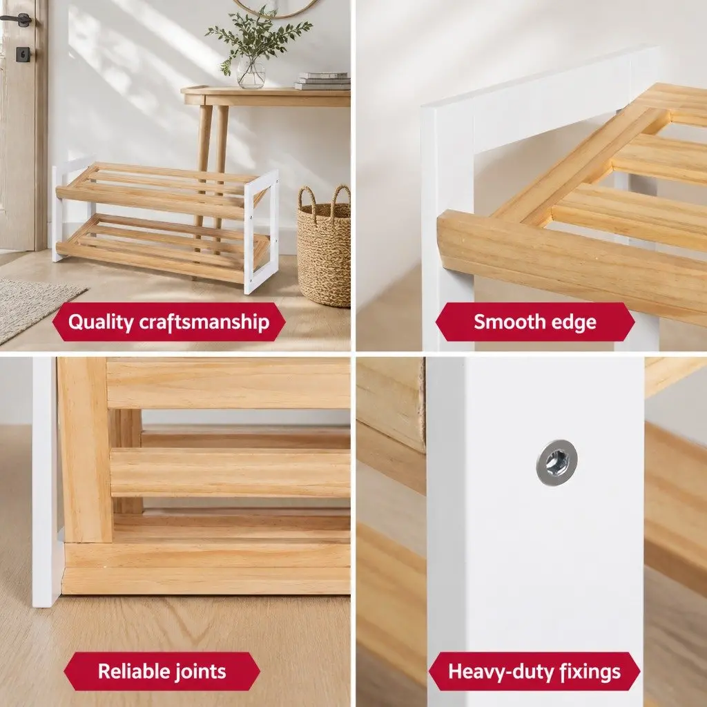Shoe Rack 2 Tier 6 Pairs Storage Organizer Pine White Entryway Hallway Bedroom