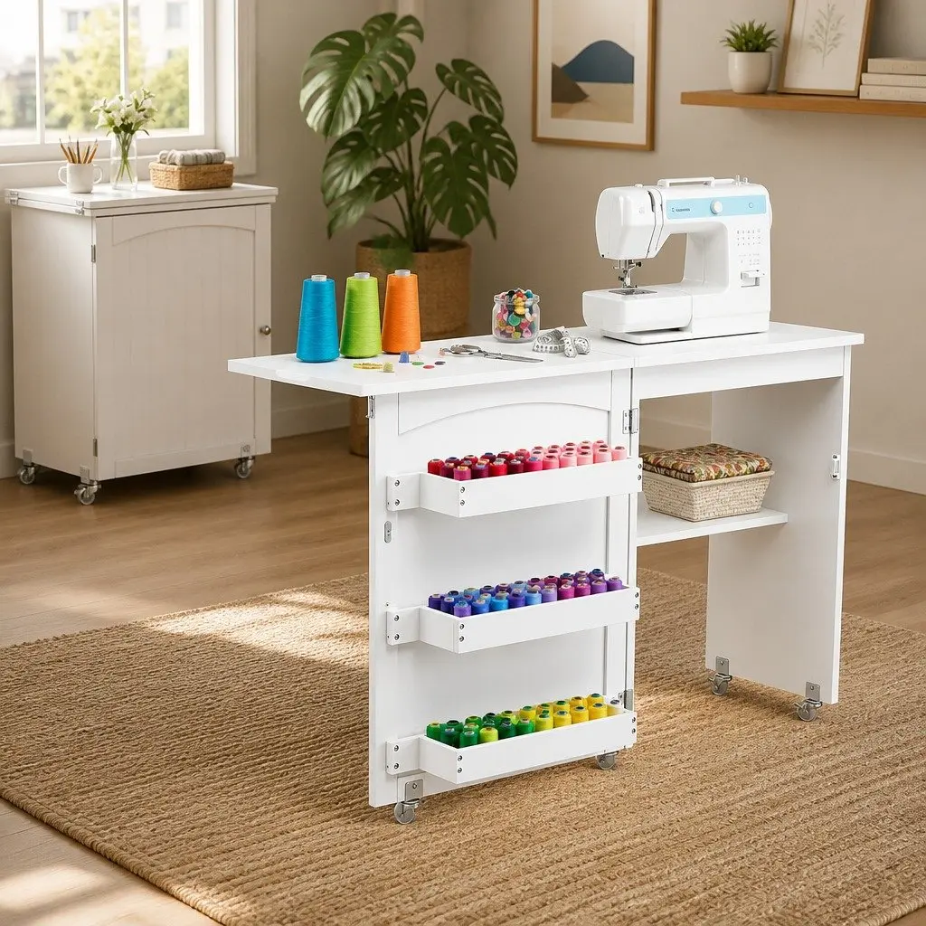 White Folding Sewing Table with Storage and Wheels
