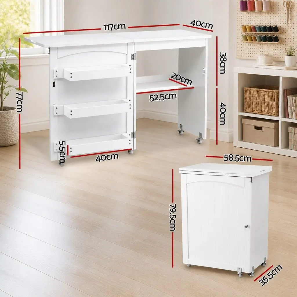 White Folding Sewing Table with Storage and Wheels