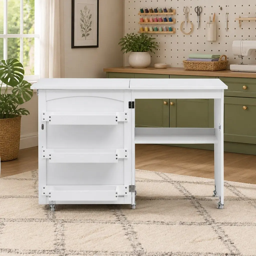 White Folding Sewing Table with Storage and Wheels