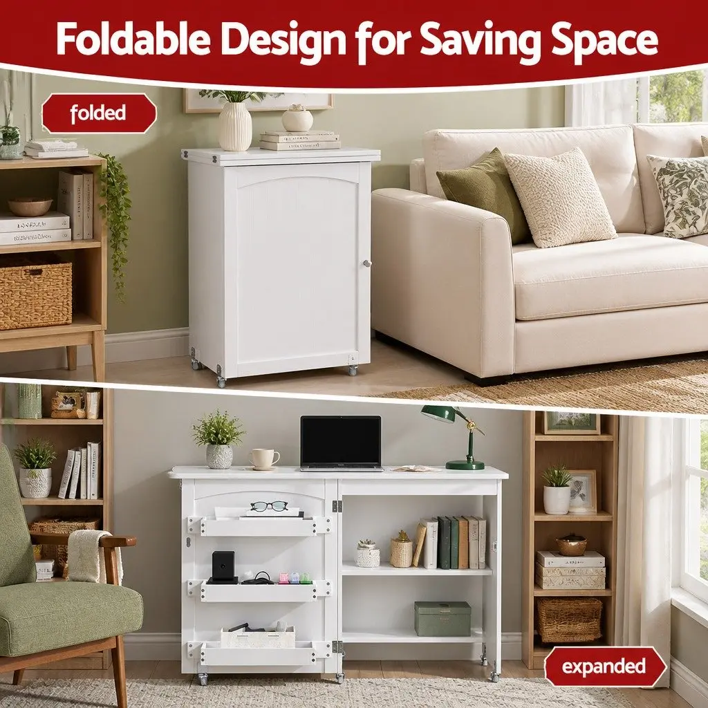 White Folding Sewing Table with Storage and Wheels