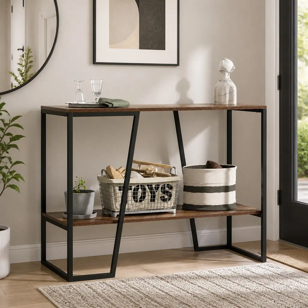 Industrial Console Table with 2-Tier Shelving