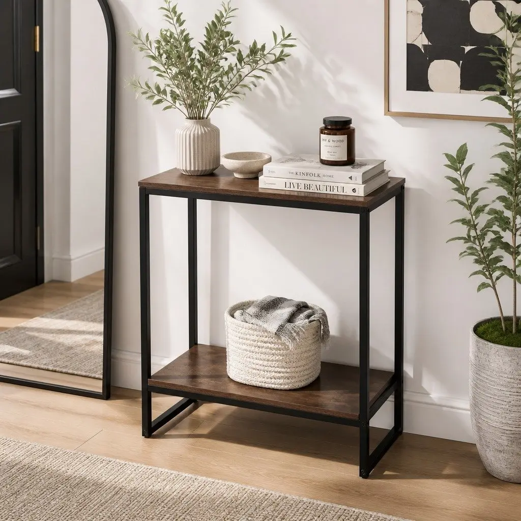 Console Table Particle Board Metal Frame 106CM Walnut and Black 2-Tier Storage Shelves Industrial Style