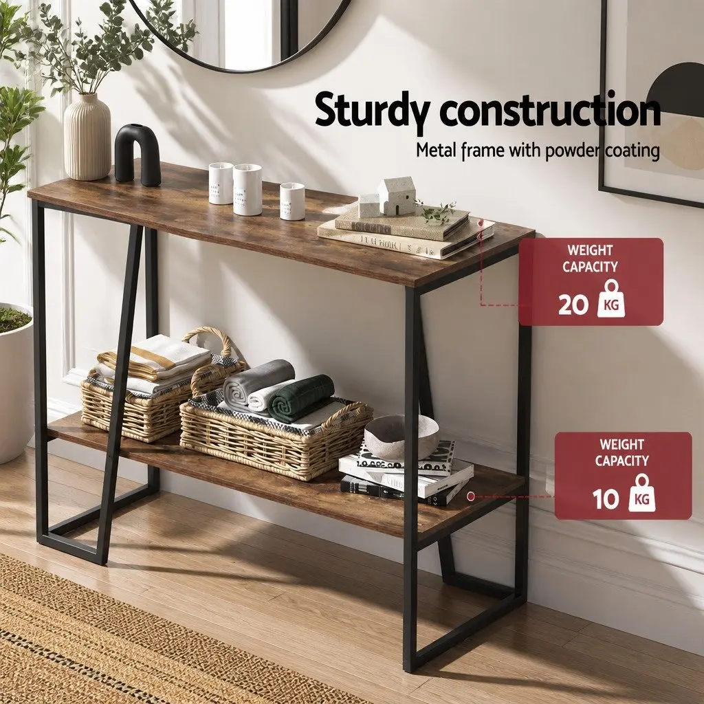 Console Table Particle Board Metal Frame 106CM Walnut and Black 2-Tier Storage Shelves Industrial Style
