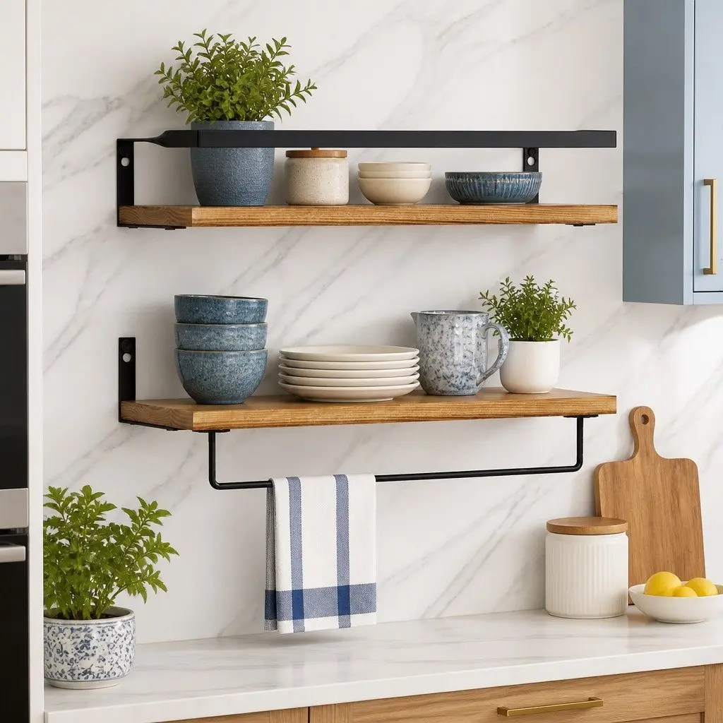 Set of 2 Floating Wall Shelves with Removable Towel Bar