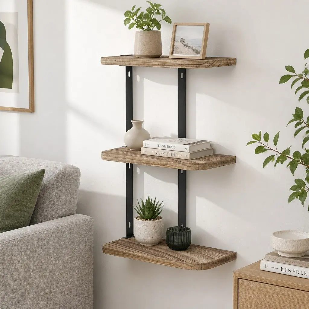 Rust Oak 3-Tier Floating Wall Shelf with Metal Brackets