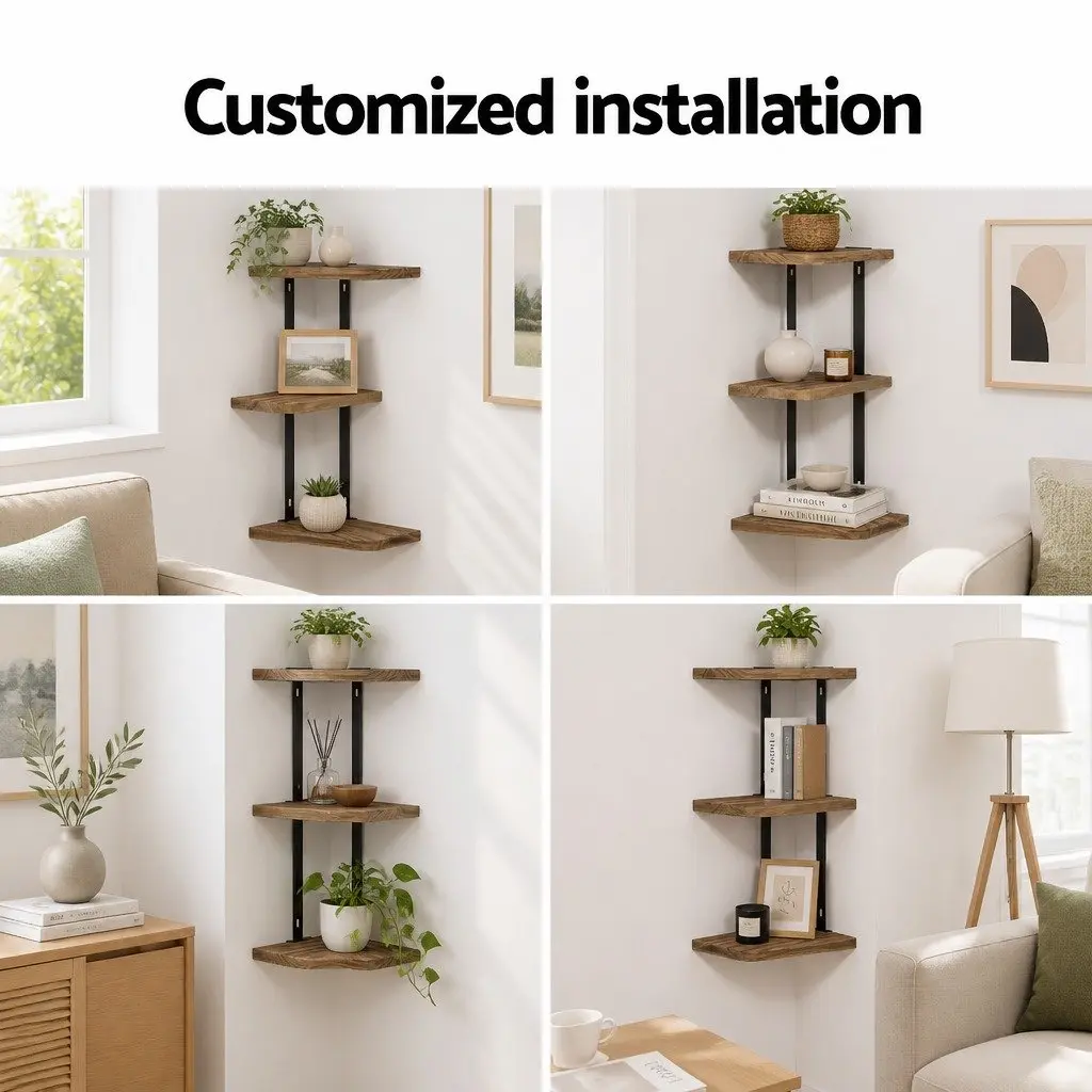 Floating Wall Shelf Paulownia Wood 3-Tier Rust Oak Black