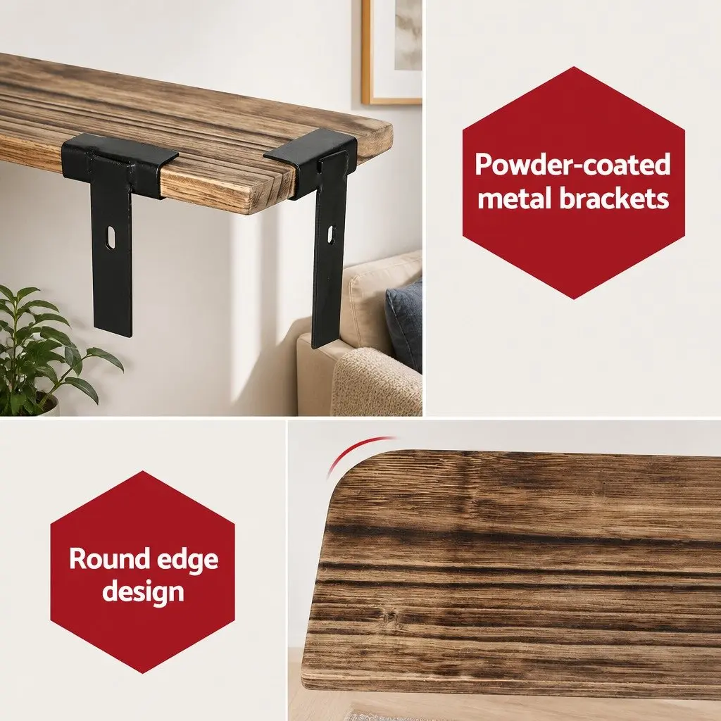 Floating Wall Shelf Paulownia Wood 3-Tier Rust Oak Black
