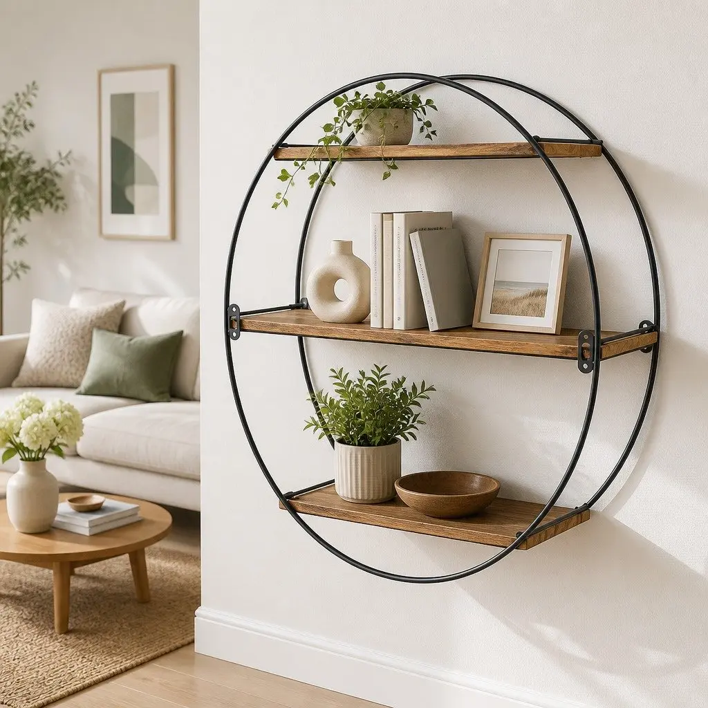 Rust Oak 3-Tier Floating Wall Shelf with Metal Frame