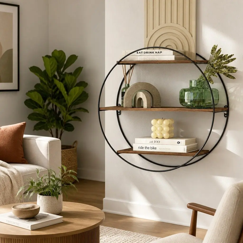 Floating Wall Shelf Round 3-Tier Corner Storage Shelves Easy Install Rust Oak
