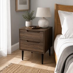 Bedside Table Nightstand 2 Drawers Walnut Bedroom Storage Organiser
