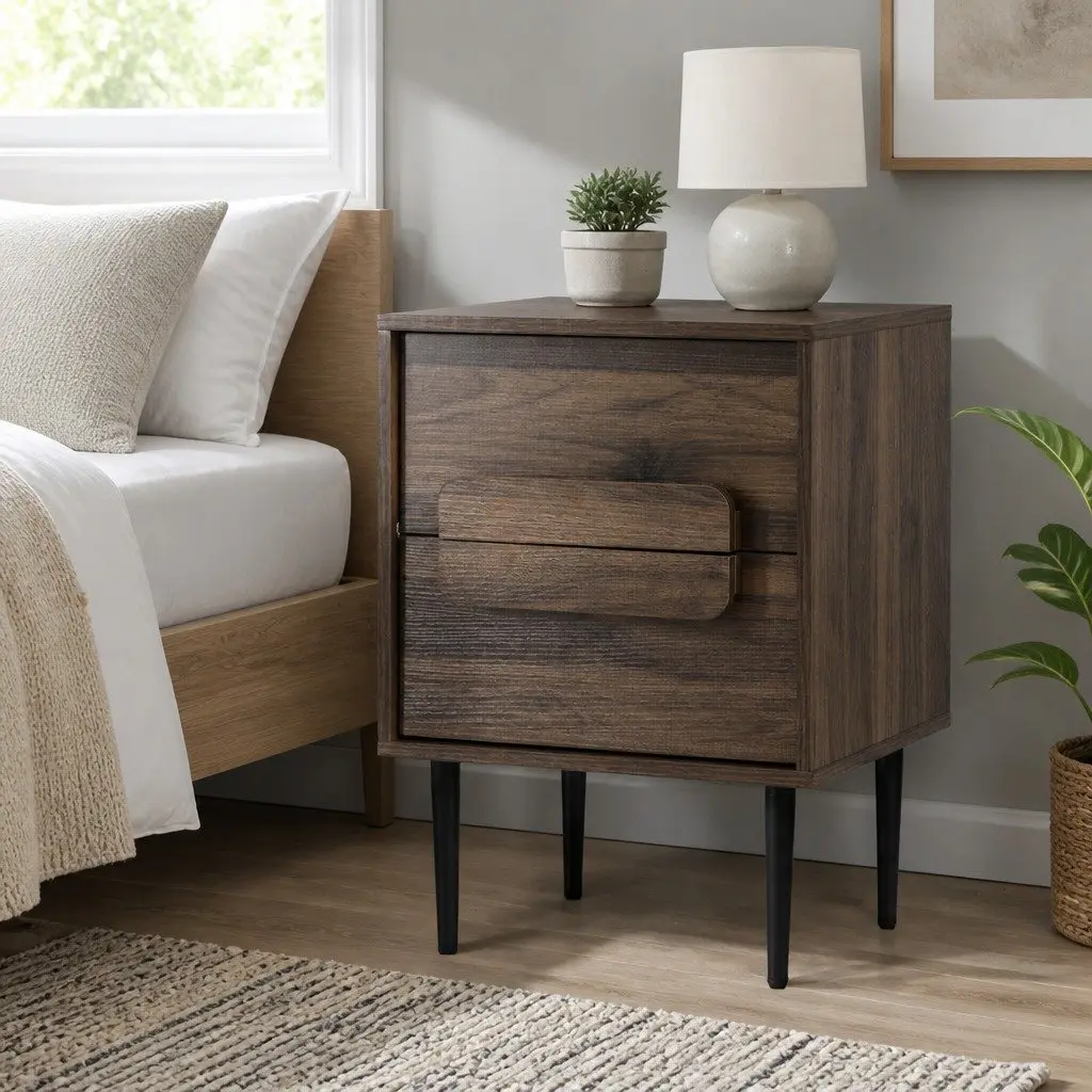 Walnut Bedside Table Nightstand with 2 Drawers